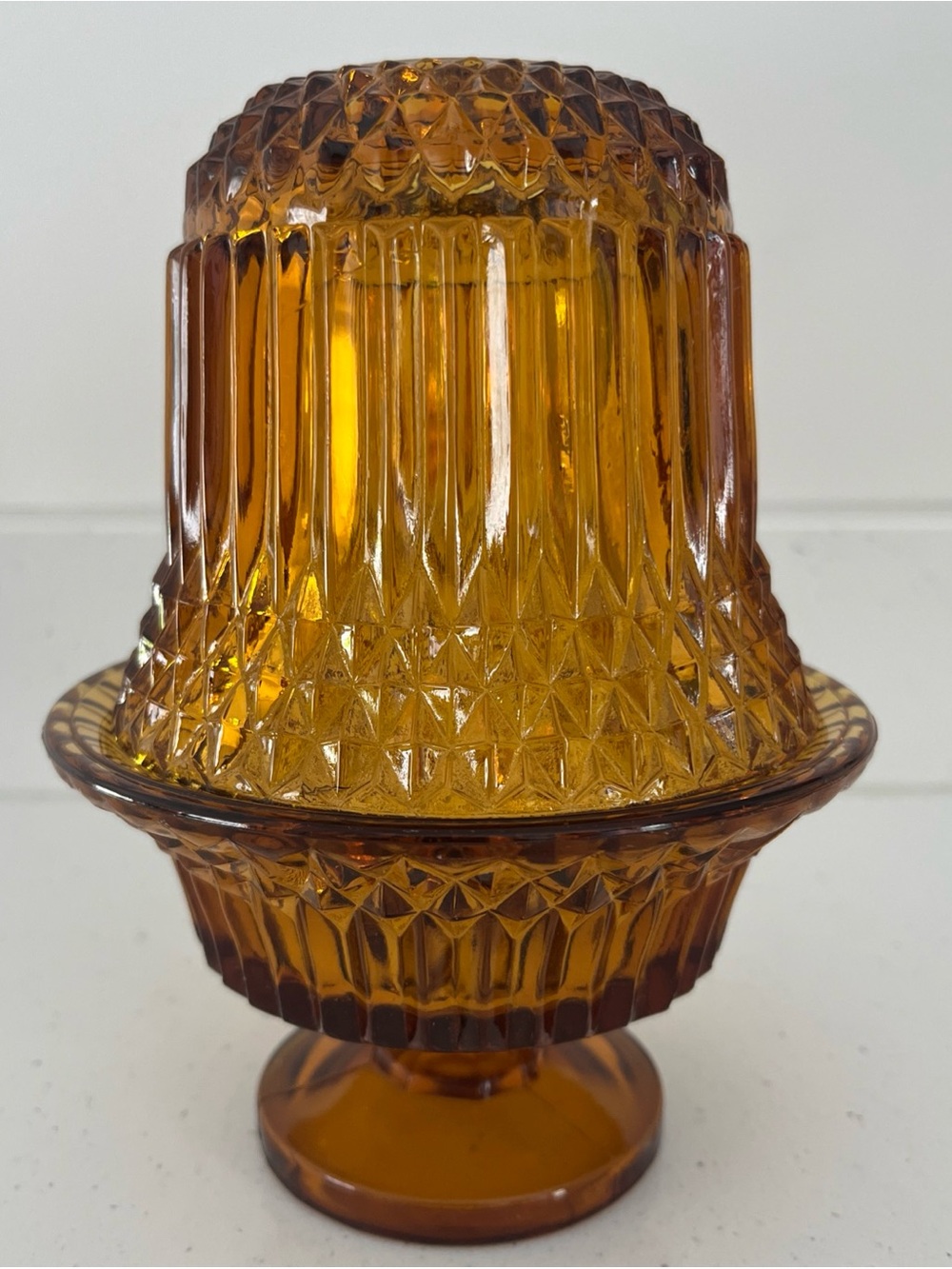 Vintage Indiana Glass Amber Diamond Point Fairy Lamp